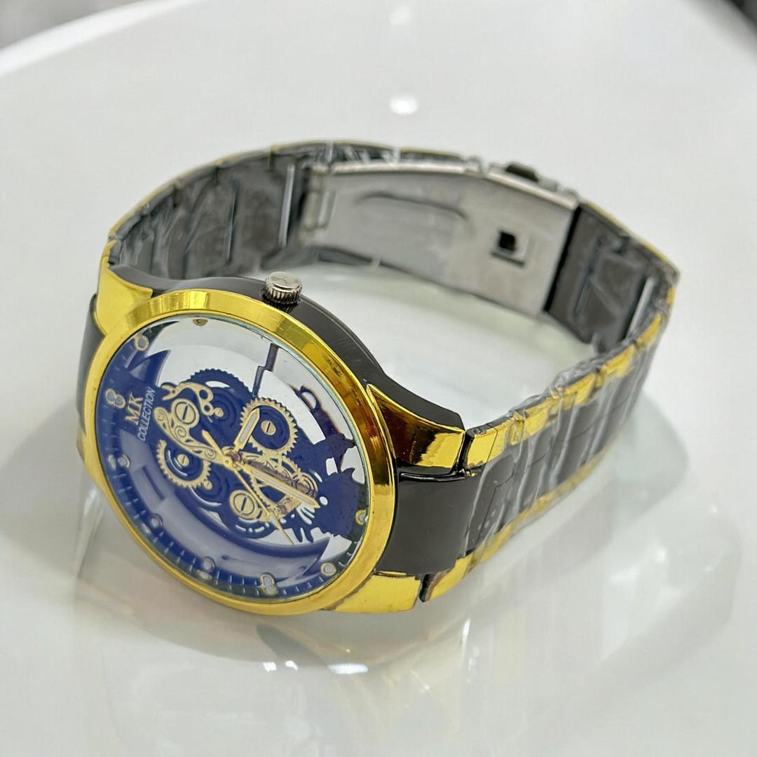 Men's Chronograph Watch Gold Black Strap Blue Dial