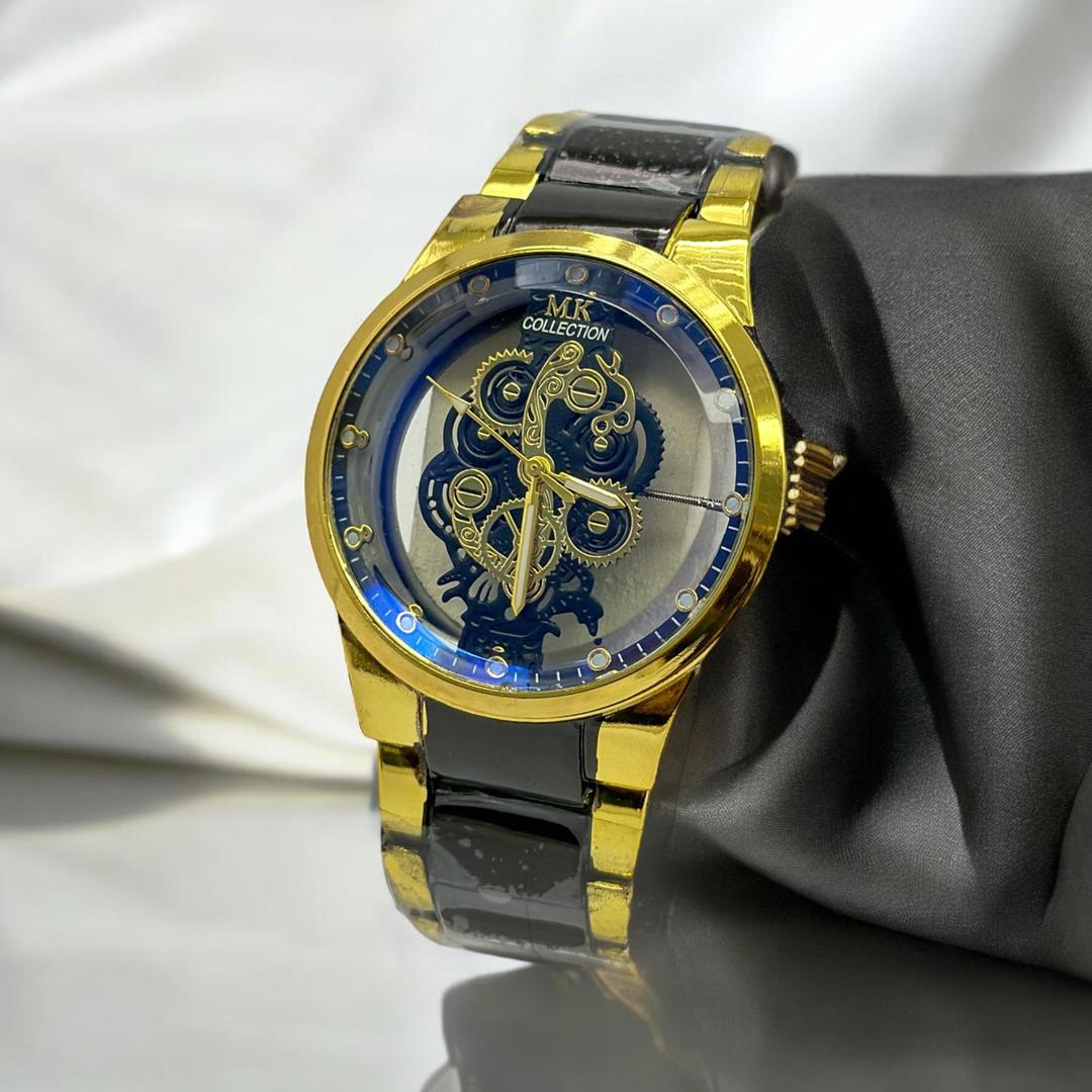 Men's Chronograph Watch Gold Black Strap Blue Dial